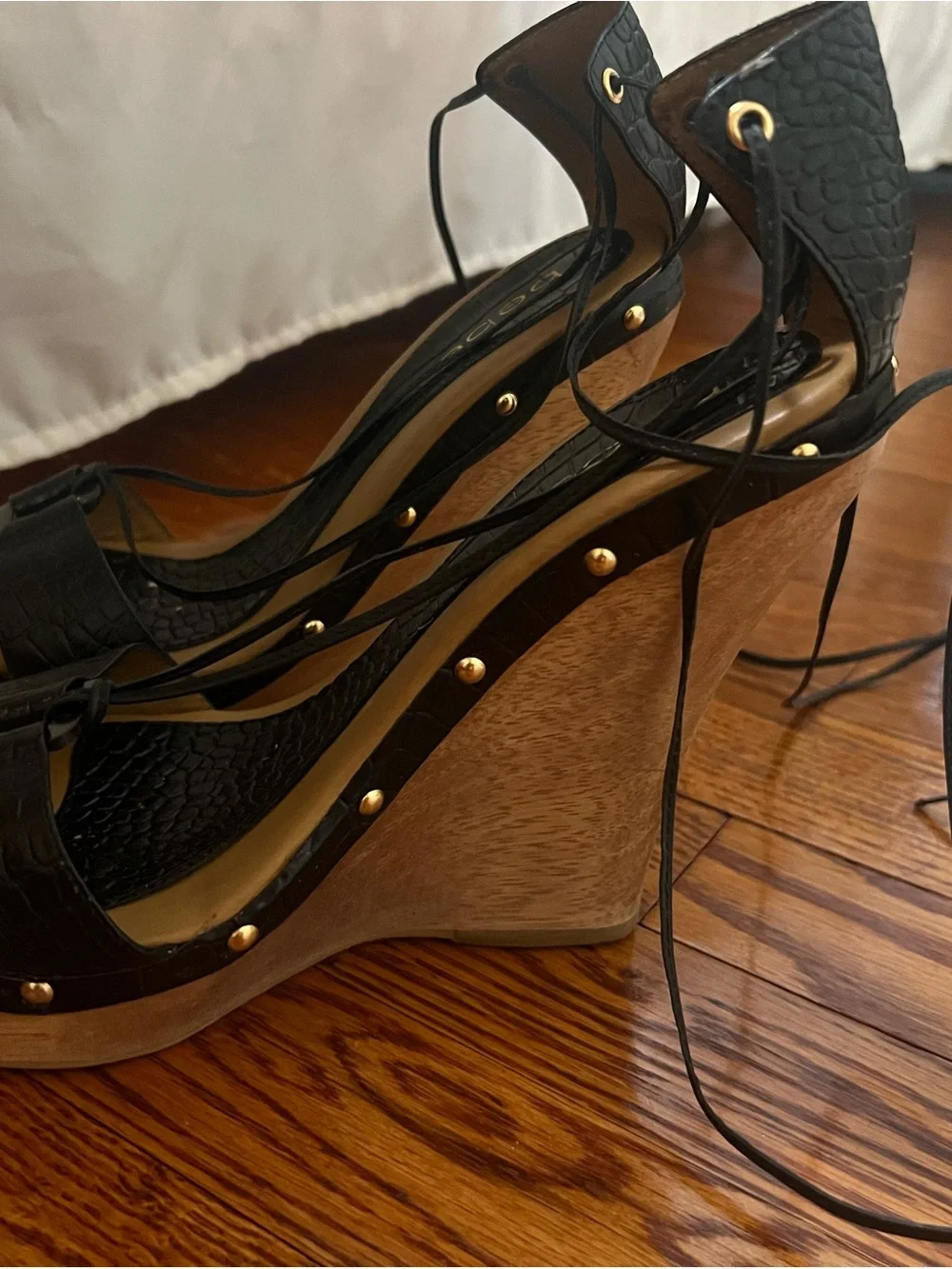bebe Black Lace-Up Cork Wedge Sandals with Gold Studs